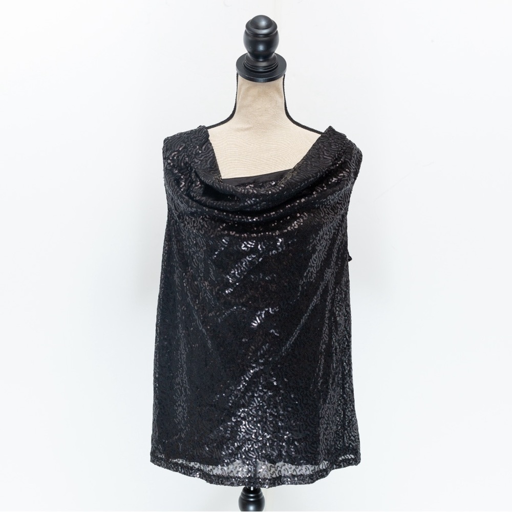 Sequin covered top black sleeveless tank cowl neck drape neck XL Cato
